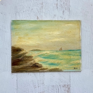 Moody Seascape Oil Painting: Vintage Sailboat Coastal Art, Signed