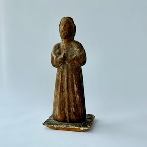 Carved Wood Santos Folk Art Icon: Religious Sculpture on Salvaged Base