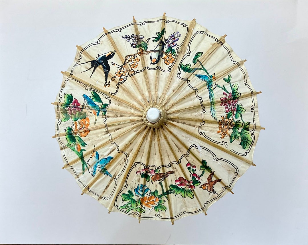 Child's Chinese Rice Paper Hand Painted Small Parasol With Birds in ...