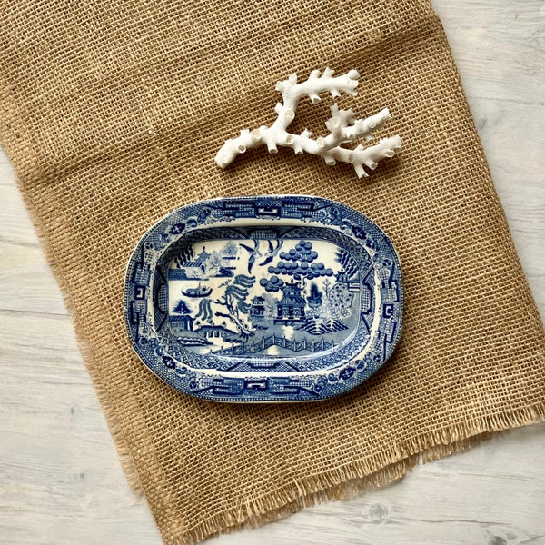 small antique blue willow dish with lovely patina, vintage blue transferware ironstone tray & a versatile size - jewelry, bar, bath, kitchen