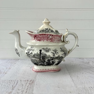 1800s polychrome black & red transferware teapot with exotic foreign scene, as found, chips, repairs