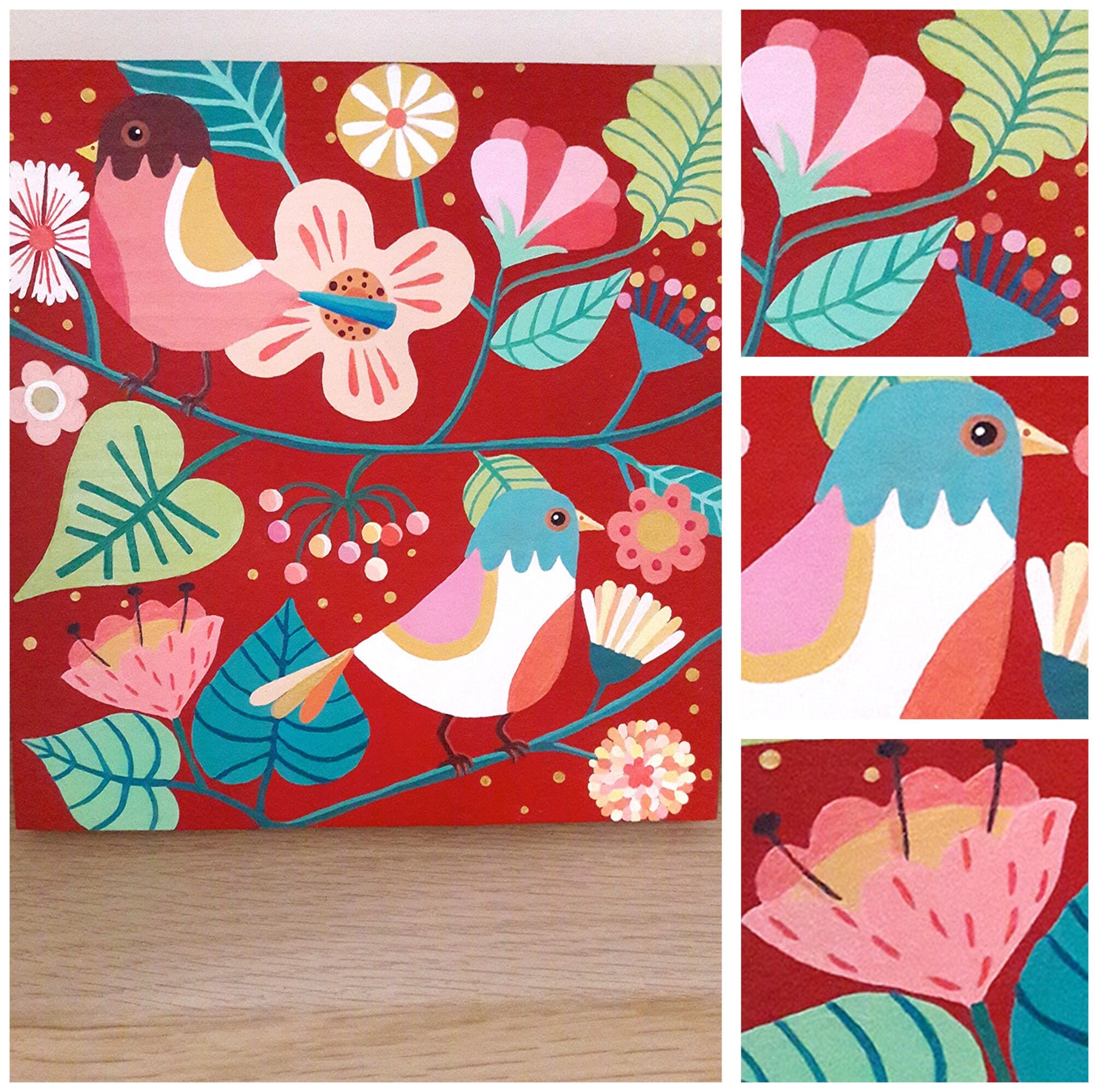 Deux Oiseaux sur Fond Rouge