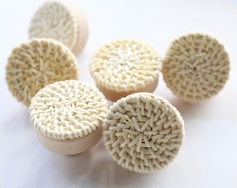 40MM Cream Rattan Flat Wood Knob, boho knob, boho nursery drawer pull, White rattan knob, wooden dresser knob, Knob Drawer Pulls