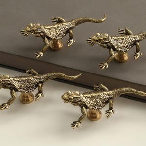 May include: Four brass lizard-shaped cabinet knobs. Each knob features a detailed lizard design with textured scales and a small, round base. The knobs are in a warm, antique gold color.