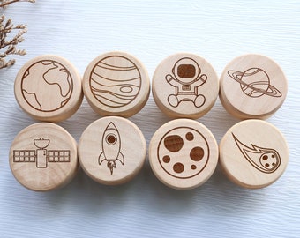 Space Series Wood Cabinet handle knob, Nature nursery astronauts drawer pull knob, rockets wooden knob, Custom engraved Dresser handle knob