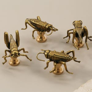 May include: Four brass cricket figurines with detailed insect features. Each cricket is mounted on a small, round base. The figurines are in various poses, showcasing the intricate design and metallic finish. The overall theme is decorative insect art.