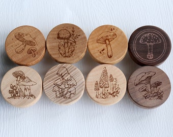 Engraved Mushroom flat wood knob, boho nursery animals drawer pull, nature wooden knob,  Knobs Drawer Pulls Cabinet Hardware
