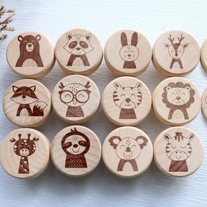 Engraved cute animals boho knob nursery rabbit drawer pull, flat wood knob for Kids Room, lion cabinet knob, Knobs Drawer Pulls