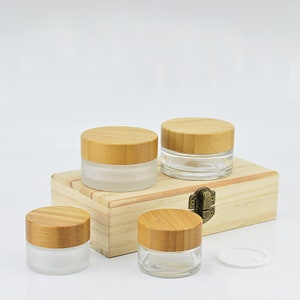 15g 30g 50g Empty Natural Bamboo Wooden Cream Jar Container, DIY Beauty Cosmetic Packaging Glass Frosted Container Travel Bottles