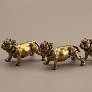 May include: Three small, metallic gold-colored bulldog figurines standing in a row. Each bulldog has a stout, muscular build, a wrinkled face, and a spiked collar around its neck. The figures are cast in a shiny, reflective brass-toned metal.