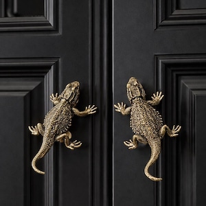 May include: Two bronze-colored lizard-shaped cabinet pulls mounted on a black cabinet door. The lizard pulls are detailed with textured scales and outstretched limbs, adding a unique decorative element.