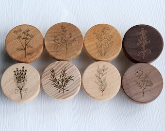 Botanical wildflower flat wood knob, boho nursery drawer pull, nature wooden knob, boho knob Engraved Drawer Knobs Pulls Cabinet Hardware