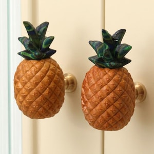 May include: Two pineapple-shaped cabinet knobs featuring a textured, light brown body with a cross-hatched pattern and a dark green, multi-toned leafy top. Each knob is attached to a circular, metallic gold-toned base mounted on a cream surface.