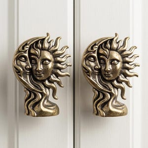 Vintage Brass Sun Moon Face Cabinet Cupboard handles knobs, Victorian Dresser Wardrobe handle knob Sun Goddess Drawer closet knobs handles