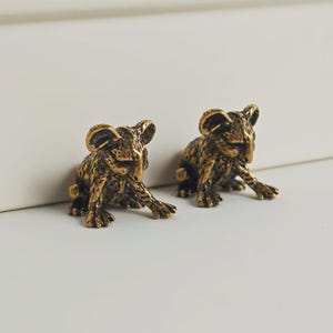 May include: Two small, bronze-colored lion cub figurines. The cubs are in a seated position with their front paws extended. The figurines have detailed features, including ears, manes, and facial expressions. The background is a plain white surface.