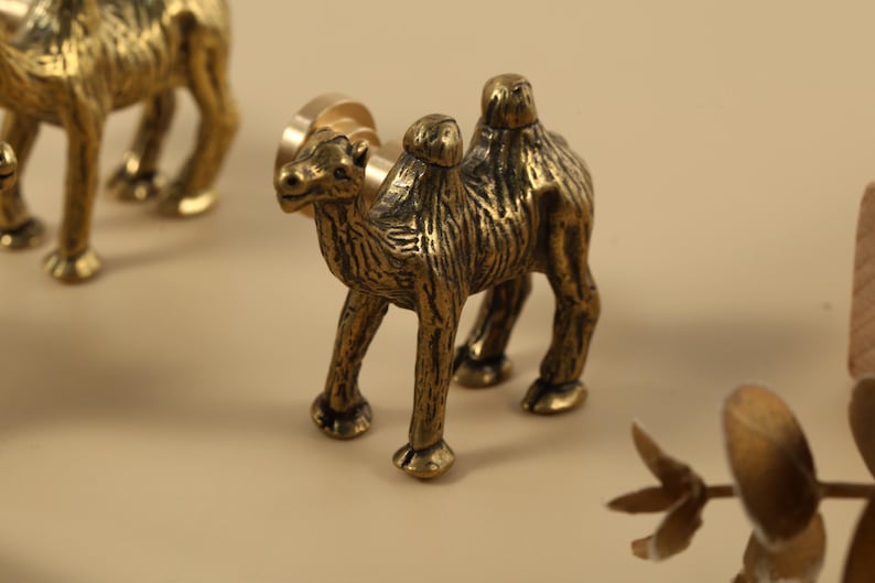 May include: A detailed, antique-style brass camel figurine. The camel is in a standing position with intricate detailing on its body. The figurine is approximately 7.6 cm long and is a decorative item.