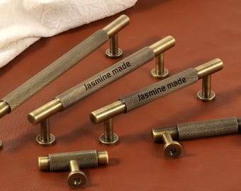Custom Name Engraved Antique Knurled brass Cabinet handles pulls knobs, Gold Grid Wardrobe pull  Bronze Cupboard Dresser handles knobs Pulls