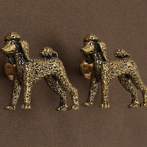 May include: Two bronze-colored poodle-shaped cabinet knobs. The knobs are detailed with textured fur and stand on a brown background. The knobs are mounted on a round, gold-colored base.