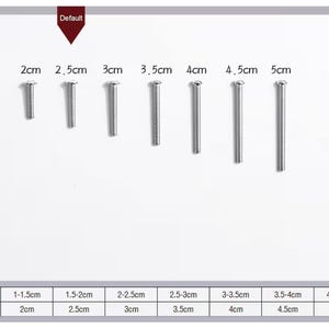 May include: An assortment of silver screws, with lengths from 2cm to 5cm. A chart below shows screw thickness and length in centimetres. The word "Default" is at the top of the image.