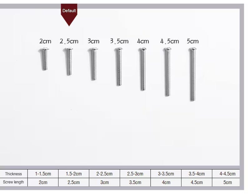 May include: An assortment of silver screws, with lengths from 2cm to 5cm. A chart below shows screw thickness and length in centimetres. The word "Default" is at the top of the image.