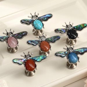 Gemstone Bee Cabinet Dresser Knob Abalone Crystal Shell Animal Drawer knob pulls Boho Vintage Turquoise Beetles Wardrobe Closet knobs handle