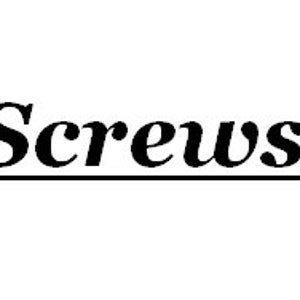 Puede incluir: La palabra Screws está escrita en una fuente serif negra y negrita sobre un fondo blanco liso. El texto está centrado y presenta una línea horizontal negra, fina y recta, colocada directamente debajo de la palabra para subrayarla.