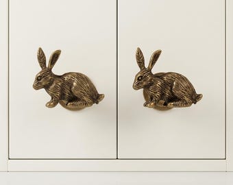 Antique Brass Bunny Cabinet Dresser knob handles, Forest cute Rabbit Drawer Kitchen knob pulls Nursery Room Animals Wardrobe Closet knobs