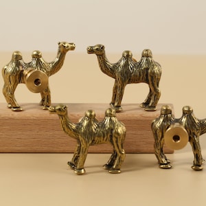 May include: Five antique brass camel figurines. The camels are standing on a wooden block. Each camel has a detailed design and a circular brass fitting on the back, suggesting they are drawer pulls or knobs.