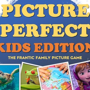 May include: Picture Perfect Kids Edition game box with a blue and yellow design. The box features the game title and the tagline "The Frantic Family Picture Game." Includes images of a turtle, frog, globe, and cartoon character.