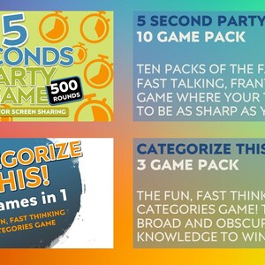 May include: Image features two party game packs: "5 Second Party Game" with 500 rounds and "Categorize This!" with 3 games in 1. The "5 Second Party Game" pack includes 10 games. The text is displayed on a gradient background.