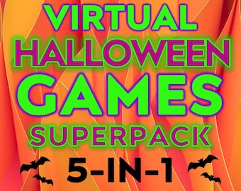 Op de afbeelding: Een abstracte oranje en gele achtergrond met de tekst "VIRTUAL HALLOWEEN GAMES SUPERPACK" in groen en paars. De tekst "5-IN-1" staat eronder, met silhouetten van vleermuizen.