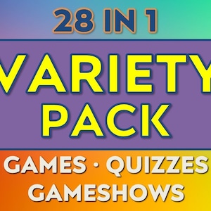 May include: A colorful graphic with the text "28 IN 1 VARIETY PACK" in yellow letters on a purple background. Below, the words "GAMES • QUIZZES • GAMESHOWS" are displayed in white. The background transitions from blue to orange.