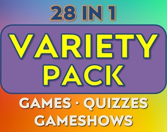 May include: A colorful graphic with the text "28 IN 1 VARIETY PACK" in yellow letters on a purple background. Below, the words "GAMES • QUIZZES • GAMESHOWS" are displayed in white. The background transitions from blue to orange.