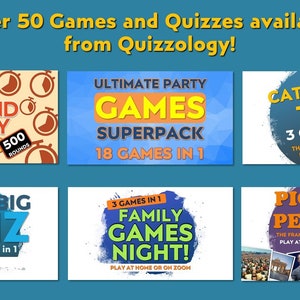 May include: A promotional image for Quizzology, featuring six game and quiz graphics. The top banner reads "Over 50 Games and Quizzes available from Quizzology!". Game titles include "5 Second Party", "Ultimate Party Games Superpack", and "Categorize This!"