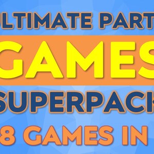 May include: An image with the text "ULTIMATE PARTY GAMES SUPERPACK 18 GAMES IN 1". The text is in yellow and orange, set against a blue geometric background. The word "GAMES" is the largest text.