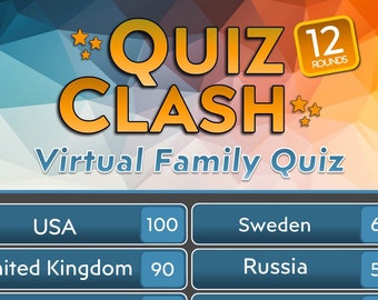 May include: A digital graphic for a virtual family quiz game. The title "QUIZ CLASH" is in orange and yellow, with the subtitle "Virtual Family Quiz." Scoreboards show scores for USA, United Kingdom, Sweden, and Russia.