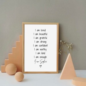 I am affirmations A4 print, personalised name, custom affirmations print, I am kind, I am enough, I am worthy, room decor,