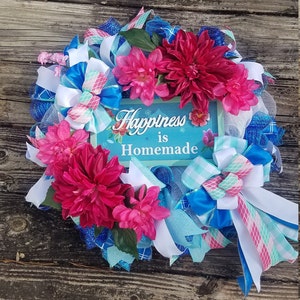 Corona de primavera, corona de verano, corona para el día a día, corona de flores, corona con letrero, corona de regalo de inauguración, regalo de boda, corona azul, decoración de puertas