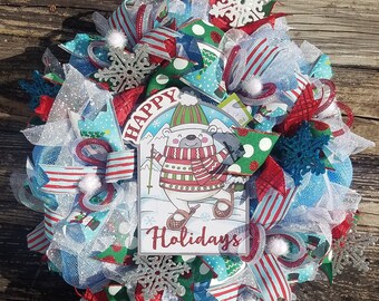 Holiday Wreath, Christmas Wreath, Winter Wreath, Happy Holiday Wreath, Snowman Wreath, Sign Wreath, Door Décor Wreath, Front Door Décor,