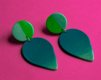 Statement earrings, drop-shaped green ombre made of polymer clay