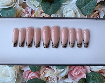 Press on Nails French Manicure Leopard Print | Custom Made | Glue on Fake Nails | False Nails | Handmade | Hand Painted Nails