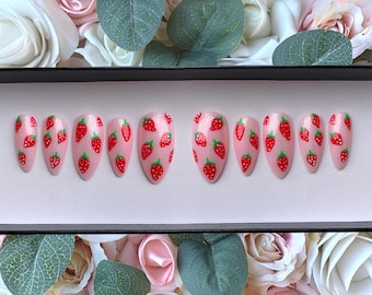 Press on Nails Strawberry’s N cream | Pink Nails | Strawberry Nails | Full Cover Nails | Stick on Nails | Fake Nails | Summer Berry Nails