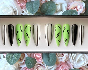 Press on Nails Halloween Nails | Frankenstein | Spooky Nails | Stick on Nails | Glue on Nails | Autumn Nails | Black Nails | Gothic Nails