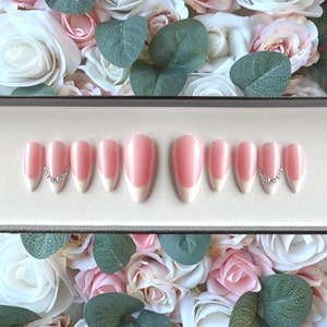 Press on Nails Pink and White French Manicure with Crystals | Stick on Nails | Glue on Nails | False Nails | Wedding Nails | Nails