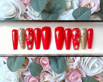 Uñas postizas navideñas con estrellas brillantes, color rojo dorado / Hechas a medida / Uñas postizas adhesivas / Uñas postizas / Hechas a mano / Uñas pintadas a mano