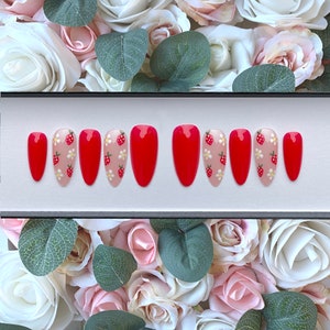 Press on Nails Red Rose Strawberry and Daisies | Stick on Nails | Glue on Nails | False Nails | Fake Nails | Press ons | Summer Nails