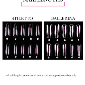 May include: A chart showing the different lengths of stiletto and ballerina fake nails. The lengths are measured in millimeters and range from 30.0 mm to 50.0 mm.