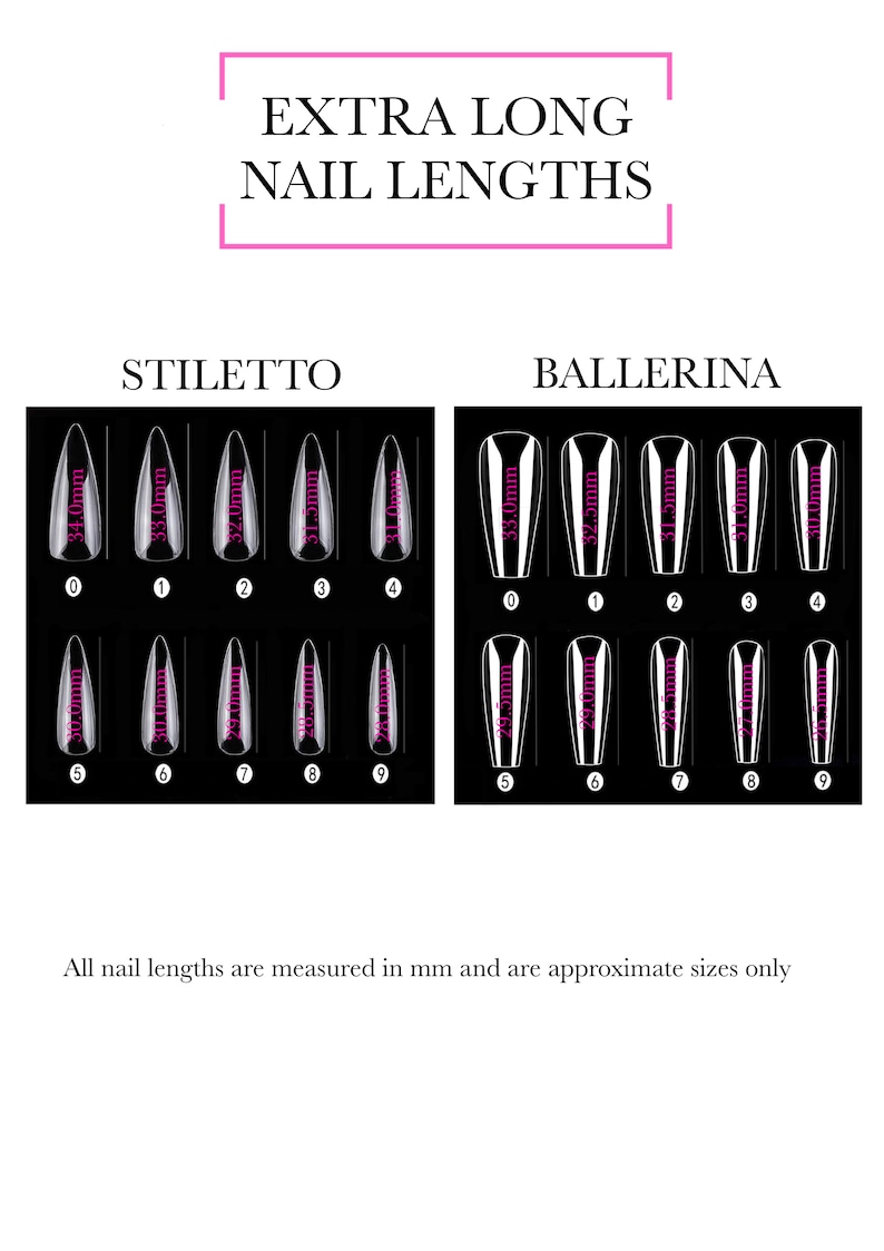 May include: A chart showing the different lengths of stiletto and ballerina fake nails. The lengths are measured in millimeters and range from 30.0 mm to 50.0 mm.