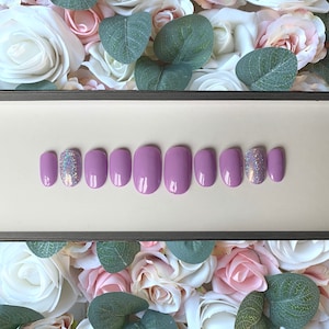 Press on Nails Lilac and  Silver Holographic Glitter | Stick on Nails | Glue on Nails | Purple Nails | Full Cover Nails | Summer Nails