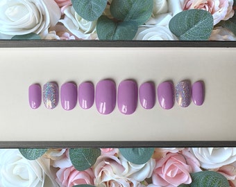 Uñas postizas con purpurina holográfica lila y plateada / Uñas adhesivas / Uñas con pegamento / Uñas moradas / Uñas de cobertura completa / Uñas de verano